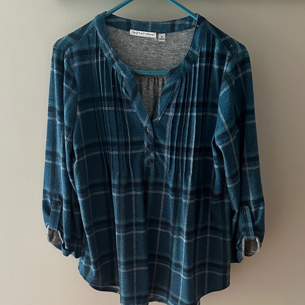 Notations Teal Plaid Button-Down Blouse